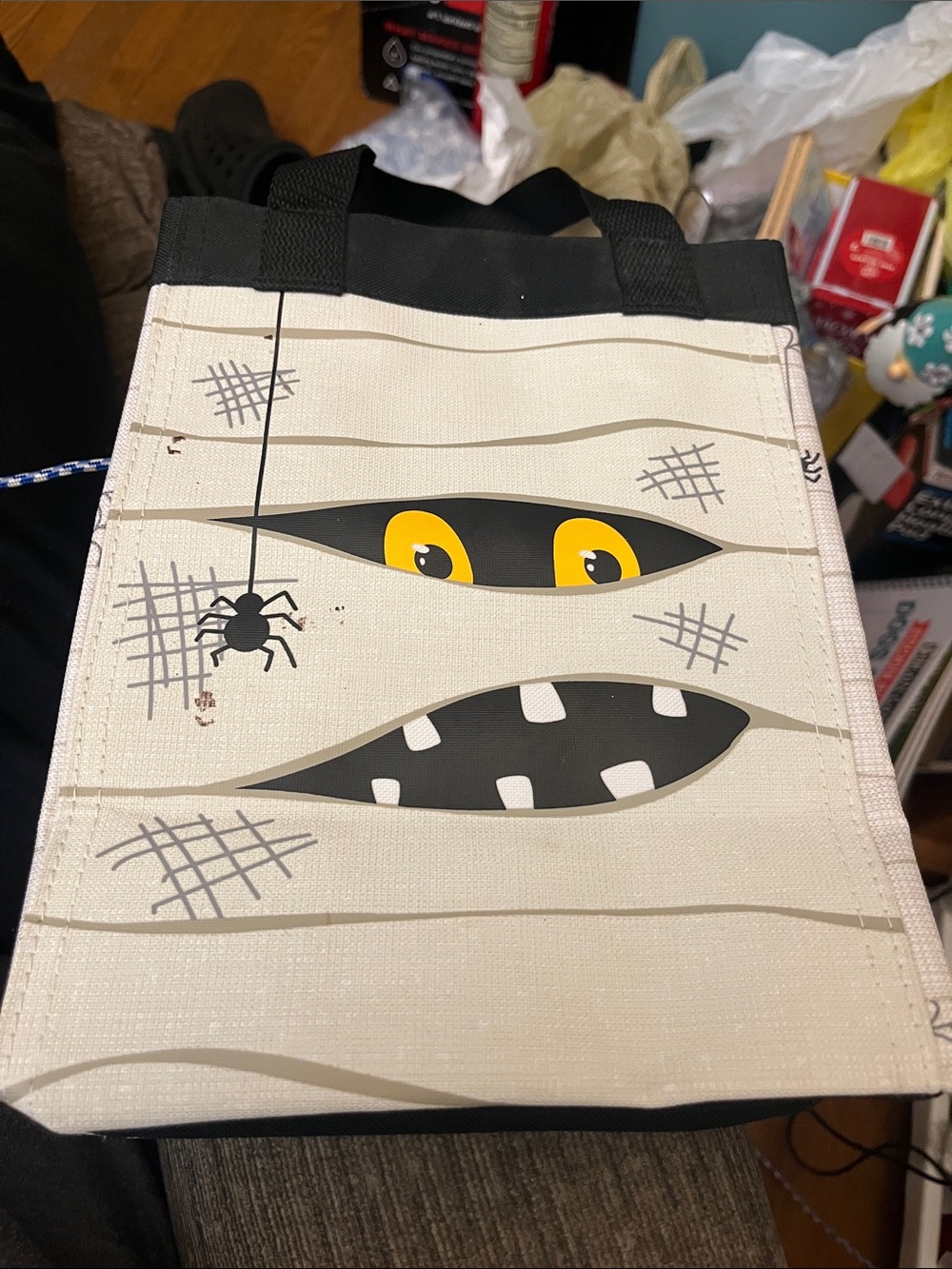 thirty-one Cream Mummy Tote with Yellow Eyes and Black Handles